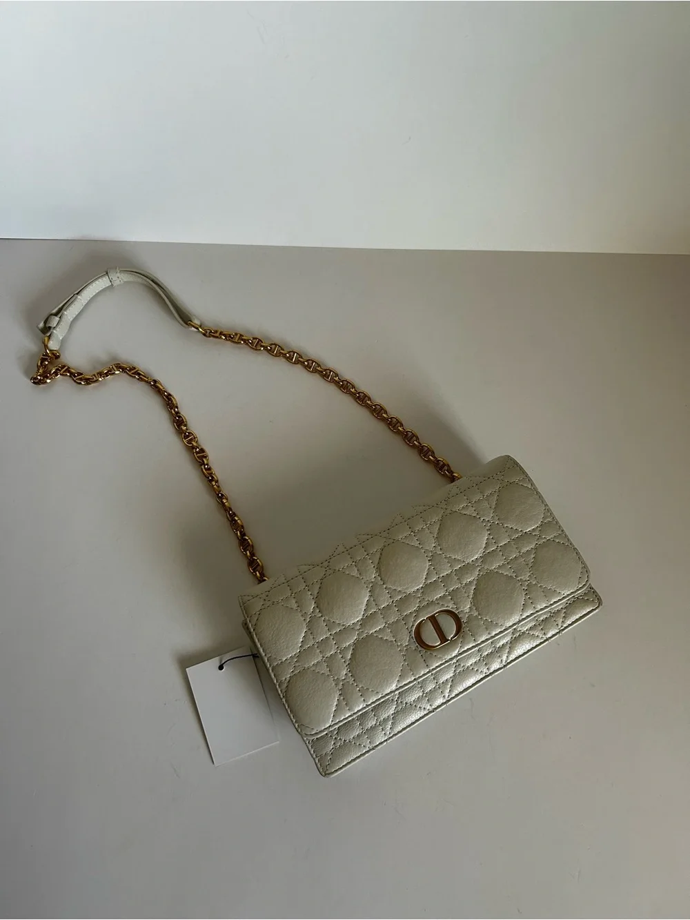 Dior Quilted Leather Shoulder Bag in Ivory with Gold Chain